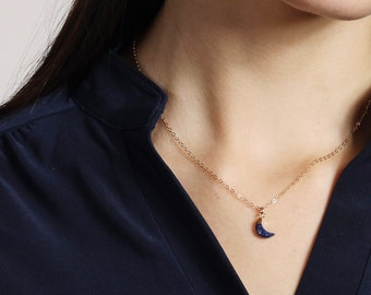 Lapis Lazuli Necklace - Genuine Lapis Mini Moon Pendant on 14k Gold Filled Chain - Dainty and delicate handmade jewelry for women, mom, bff