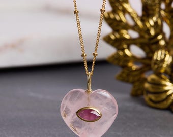Gold Rose Quartz Heart Pendant Necklace - Minimalist, Geometric, Pink Gemstone on 14k Gold Filled long or short layering satellite chain