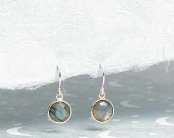 Sterling Silver Labradorite Round Drop Earrings on 925 Silver Ear Wires - Mini circle silver labradorite gems - Jewelry gifts for her, mom