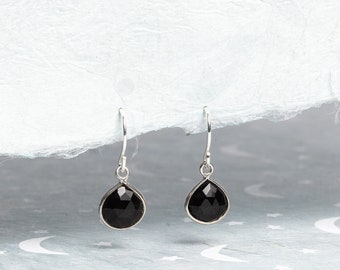 Sterling Silver Black Onyx Small Drop Earrings - Dainty, Petite, Minimalist silver jewelry for mom, grandma, wife, sister - Everyday jewelry