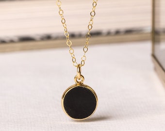 Black Obsidian Round Disc Circle - Minimalist delicate Jewelry gift for wife, best friend, daughter - Black and gold elegant dainty necklace