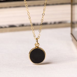 Black Onyx Round Disc Circle - Minimalist delicate Jewelry gift for wife, best friend, daughter - Black and gold elegant dainty necklace