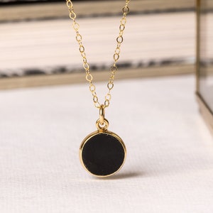 Black Obsidian Round Disc Circle - Minimalist delicate Jewelry gift for wife, best friend, daughter - Black and gold elegant dainty necklace