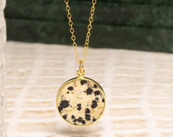 Dalmatian Jasper Necklace on 14k filled gold dainty chain - Jewelry Gifts for her - Jasper Minimalist necklaces Circle spotted pendant
