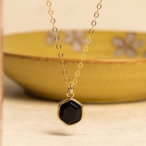 Black Onyx Dainty Hexagon Pendant Necklace - 14k Gold Filled, geometric, minimalist jewelry gifts for her, mom, girlfriend, sister, friend
