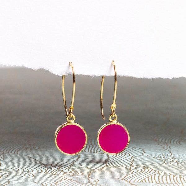 Fuchsia Chalcedony Gold Drop Earrings - Bright pink round circle drop earrings - Colorful Jewelry gifts for her, mom, grandma, daughter, bff