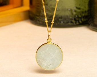 Aquamarine Circle Pendant Necklace for Her - Minimalist geometric jewelry on 20 in 14k gold filled satellite chain - Gift for her, mom, bff