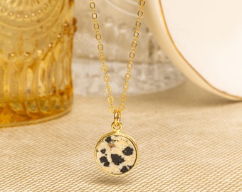 Dalmatian Jasper Round Disc Circle - Minimalist delicate Jewelry gift for wife, best friend, daughter - Spotted gold elegant dainty necklace
