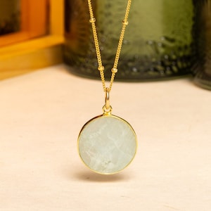 Aquamarine Circle Pendant Necklace for Her - Minimalist geometric jewelry on 20 in 14k gold filled satellite chain - Gift for her, mom, bff