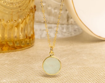 Aquamarine Small Disc Round Necklace Beautiful authentic green Aquamarine gemstone Dainty gold chain Jewelry gift for her, mom, sister, bff