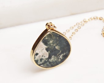 Moss agate drop pendant necklace on 14k gold filled dainty chain / Moss jewelry / Unique jewelry gifts for her / Gold jewelry and pendants