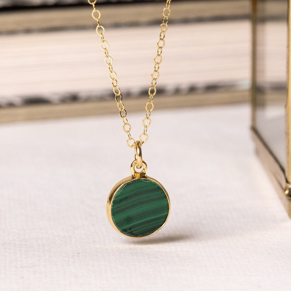 Malachite Small Disc Necklace - Elegant dark green and gold genuine malachite round gemstone bezel in vermeil gold and 14k gold filled chain