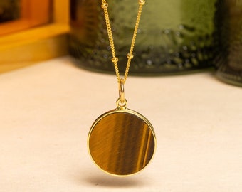Tiger Eye Circle Pendant Necklace for Her - Minimalist geometric jewelry on 20 inch 14k gold filled satellite chain - Gift for her, mom, bff