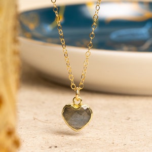 Labradorite Small Heart Pendant - Gemstone 14K gold filled dainty chain - Minimalist, Romantic, Love Jewelry for her, wife, girlfriend