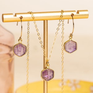 Amethyst Hexagon Necklace and Earrings Matching Set Delicate, Dainty, geometric, minimalist, gold jewelry gift for mom, wife, girlfriend image 3