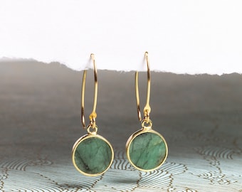 Raw Emerald Gold Drop Earrings - Minimalist Geometric Green Emerald Circle Drop Earrings - Gold Jewelry gifts for her, mom, wife, daughter