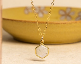 Moonstone Dainty Hexagon Pendant Necklace - 14k Gold Filled, geometric, minimalist jewelry gifts for her, mom, girlfriend, sister, friend