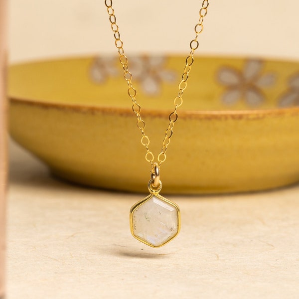 Moonstone Dainty Hexagon Pendant Necklace - 14k Gold Filled, geometric, minimalist jewelry gifts for her, mom, girlfriend, sister, friend
