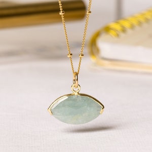 Gold Aquamarine Necklace - Genuine aquamarine eye shaped gemstone with hand gold bezel on 14k gold filled satellite chain - Jewelry gifts