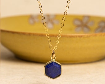 Lapis Lazuli Dainty Hexagon Pendant Necklace - 14k Gold Filled, geometric, minimalist jewelry gifts for her, mom, girlfriend, sister, friend