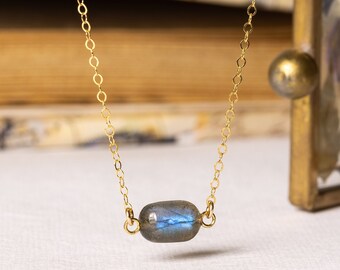 Labradorite Gemstone Pendant Necklace stadium shape stone on 14k gold filled dainty chain - Minimalist geometric jewelry for her, mom, bff