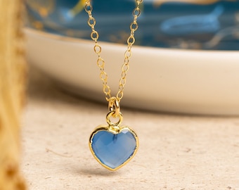 Blue Chalcedony Mini Heart Pendant - Heart shape gemstone pendant with vermeil gold bezel - Jewelry gifts for her, mom, wife, daughter