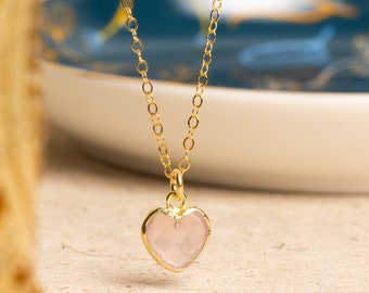 Rose Quartz Small Heart Pendant - Gemstone 14K gold filled dainty chain - Minimalist, Romantic, Love Jewelry for her, wife, girlfriend