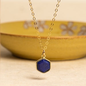 Lapis Lazuli Dainty Hexagon Pendant Necklace - 14k Gold Filled, geometric, minimalist jewelry gifts for her, mom, girlfriend, sister, friend