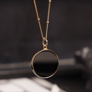 Onyx Pendant Necklace - Round Disc Circle Genuine Onyx Pendant with Vermeil Gold Bezel and Gold Filled Satellite Chain - Handmade Jewelry