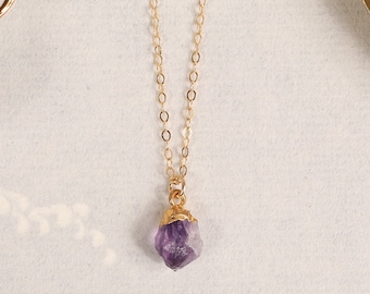 Amethyst necklace with raw chunk pendant on 14k gold filled dainty chain - Gift ideas for her - Amethyst Jewelry - February Birthstone