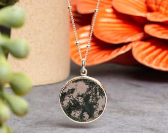 Moss Agate Gemstone Round Pendant on 925 Sterling Silver Satellite Chain - Silver Jewelry gifts for her, mom, grandma, nana, daughter, niece