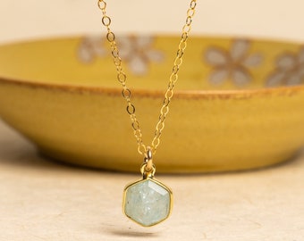 Aquamarine Dainty Hexagon Pendant Necklace - 14k Gold Filled, geometric, minimalist jewelry gifts for her, mom, girlfriend, sister, friend