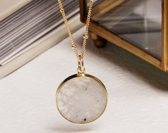 Moonstone Circle Necklace Minimalist Round Disc Rainbow Moonstone Slice Pendant on 14k Gold Filled 22 inch Satellite Chain for Layering
