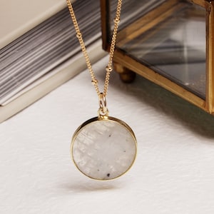 Moonstone Circle Necklace Minimalist Round Disc Rainbow Moonstone Slice Pendant on 14k Gold Filled 22 inch Satellite Chain for Layering