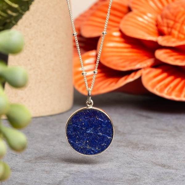 Lapis Lazuli Round Circle Pendant Charm on 925 Sterling Silver Satellite Chain - 18 20 24 inch short or long layering gemstone necklace