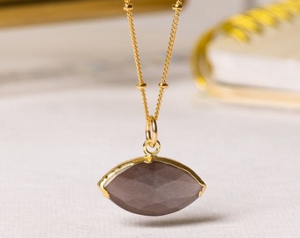Brown Moonstone Gold Necklace - Genuine Chocolate Moonstone Gemstone half bezel 14k Gold Filled Satellite Chain - Jewelry gifts for her, mom