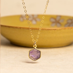 Amethyst Dainty Hexagon Pendant Necklace - 14k Gold Filled, geometric, minimalist jewelry gifts for her, mom, girlfriend, sister, friend