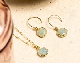 Aquamarine Hexagon Necklace and Earrings Matching Set - Delicate, Dainty, geometric, minimalist, gold jewelry gift for mom, wife, girlfriend