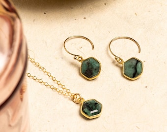 Emerald Hexagon Necklace and Earrings Matching Set - Delicate, Dainty, geometric, minimalist, gold jewelry gift for mom, wife, girlfriend