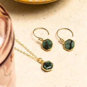 Emerald Hexagon Necklace and Earrings Matching Set Delicate, Dainty, geometric, minimalist, gold jewelry gift for mom, wife, girlfriend image 1