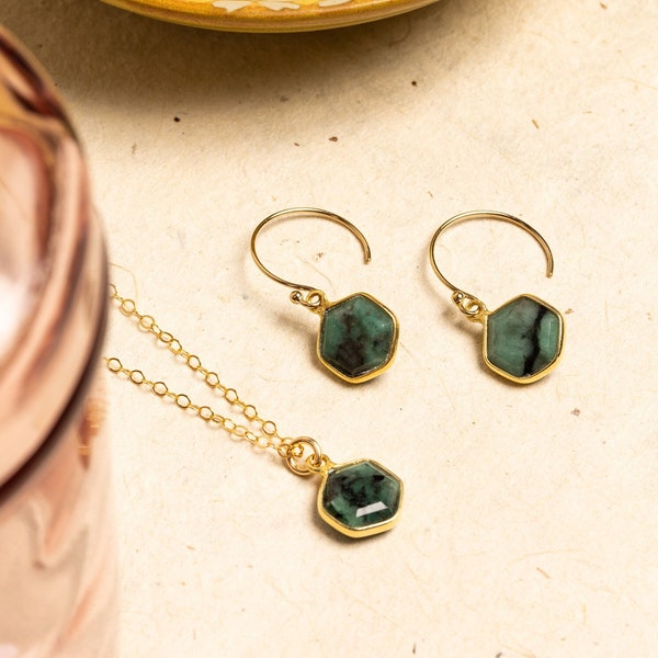 Emerald Hexagon Necklace and Earrings Matching Set - Delicate, Dainty, geometric, minimalist, gold jewelry gift for mom, wife, girlfriend