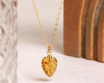Citrine Necklace - Handmade leaf shaped gemstone with vermeil gold bezel on 14k gold filled chain - dainty, petite jewelry gifts for her