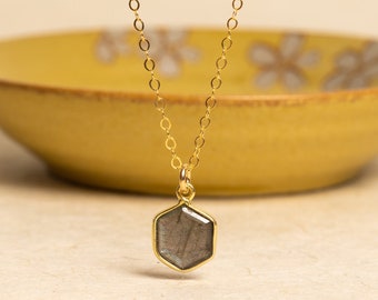 Labradorite Dainty Hexagon Pendant Necklace - 14k Gold Filled, geometric, minimalist jewelry gifts for her, mom, girlfriend, sister, bff