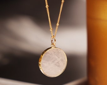 Rose Quartz Round Disc Necklace Minimalist Style Long Layering Necklace with 18, 20 0r 24 inch 14k Gold Filled Satellite Chain Gift idea