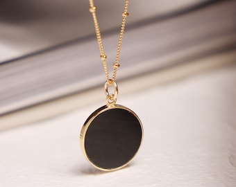 Black Obsidian Circle Pendant Necklace for Her - Minimalist geometric jewelry on 20 inch 14k gold filled satellite chain - Mother's Day Gift