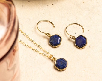 Lapis Lazuli Hexagon Necklace and Earrings Matching Set Delicate, Dainty, geometric, minimalist, gold jewelry gift for mom, wife, girlfriend