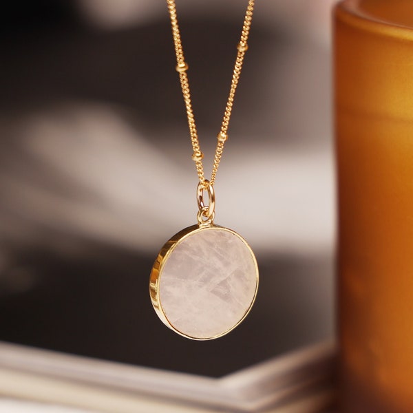 Rose Quartz Round Disc Necklace Minimalist Style Long Layering Necklace with 18, 20 0r 24 inch 14k Gold Filled Satellite Chain Gift idea