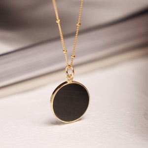 Black Obsidian Circle Pendant Necklace for Her Minimalist geometric jewelry on 20 inch 14k gold filled satellite chain Mother's Day Gift image 1