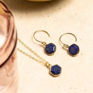 Lapis Lazuli Hexagon Necklace and Earrings Matching Set Delicate, Dainty, geometric, minimalist, gold jewelry gift for mom, wife, girlfriend image 1