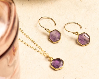 Amethyst Hexagon Necklace and Earrings Matching Set - Delicate, Dainty, geometric, minimalist, gold jewelry gift for mom, wife, girlfriend